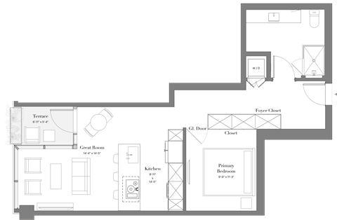 Floor plan for studio, 1 bath, 706 sqft